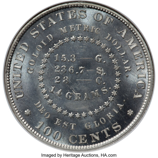 image for: 1880 $1 Goloid Metric Dollar, Judd-1653, Pollock-1853, High R.7, PR65 Cameo NGC....