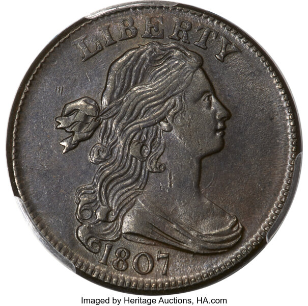 image for: 1807 1C Large Fraction, S-276, B-6, R.1, MS63 Brown PCGS....