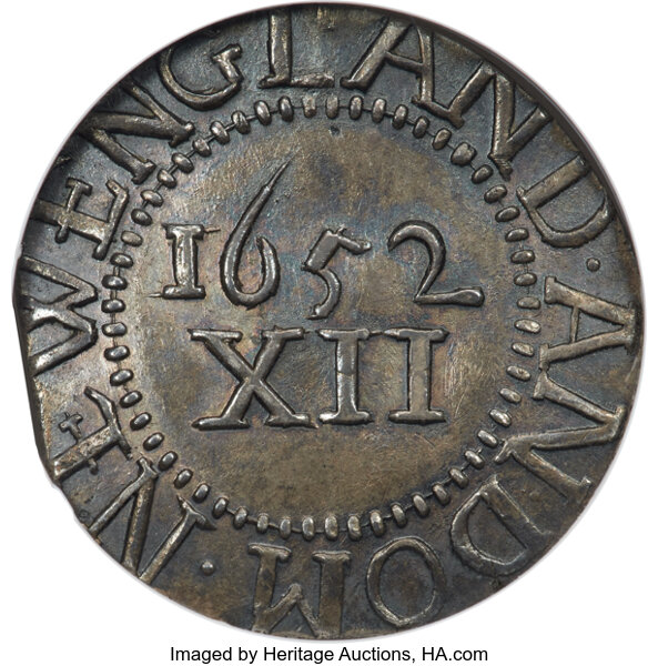 image for: 1652 Pine Tree Shilling, Large Planchet, No Pellets at Trunk, Noe-2, W-700, Salmon 2-C, R.5, AU55 NGC. CAC....