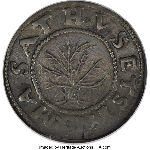 image for: 1652 Oak Tree Shilling, IN at Bottom, Noe-9, W-500, Salmon 7-E, R.5, AU55 NGC....
