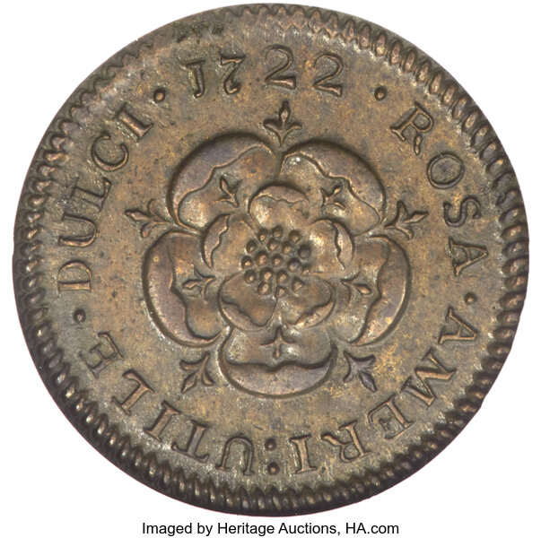 image for: 1722 1/2 P Rosa Americana Halfpenny, D:G: REX, M. 2.1-B.1, W-1218, R.4, MS62 Brown NGC....