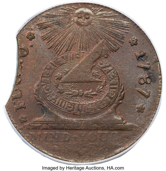 image for: 1787 1C Fugio Cent, UNITED STATES, Cinquefoils, N. 8-B, W-6740, R.3 -- Clipped Planchet at 9 O'clock -- MS65 Brown PCGS....
