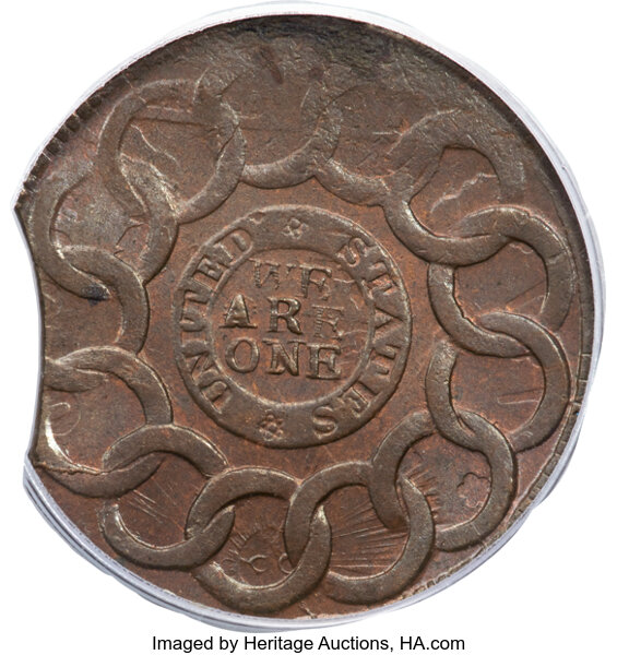 image for: 1787 1C Fugio Cent, UNITED STATES, Cinquefoils, N. 8-B, W-6740, R.3 -- Clipped Planchet at 9 O'clock -- MS65 Brown PCGS....