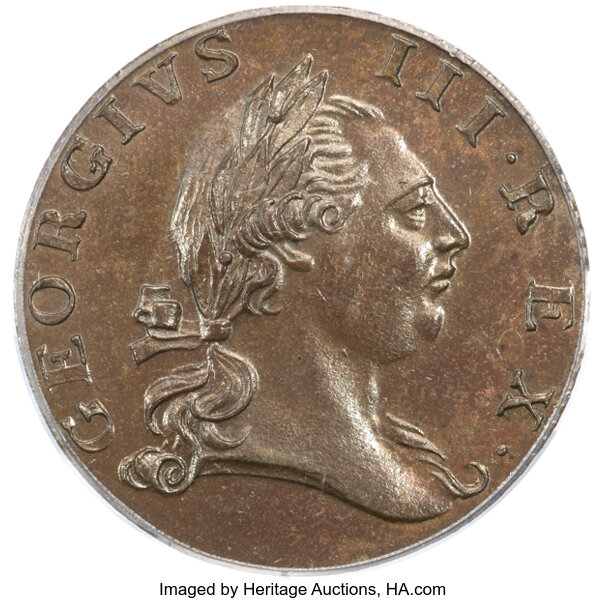 image for: 1773 1/2 P Virginia Halfpenny, No Period, N. 9-B, W-1420, R.4, MS66 Brown PCGS. CAC....