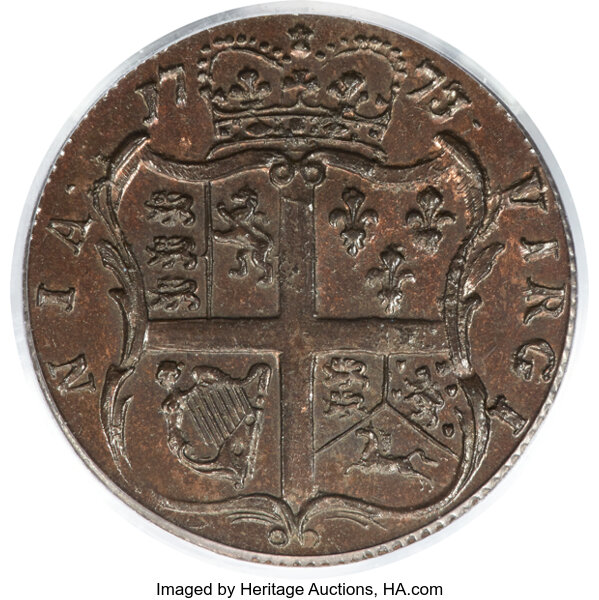 image for: 1773 1/2 P Virginia Halfpenny, No Period, N. 9-B, W-1420, R.4, MS66 Brown PCGS. CAC....