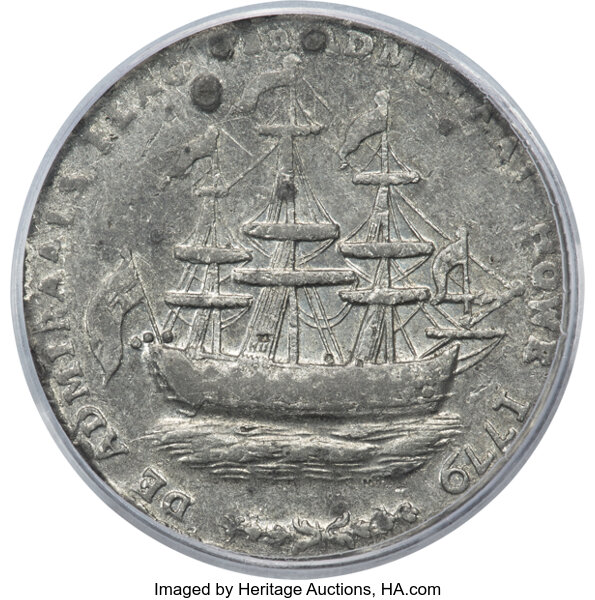 image for: 1779 Token Rhode Island Ship Token, Wreath Below, Pewter, AU53 PCGS. Betts-563, W-1745, High R.5....