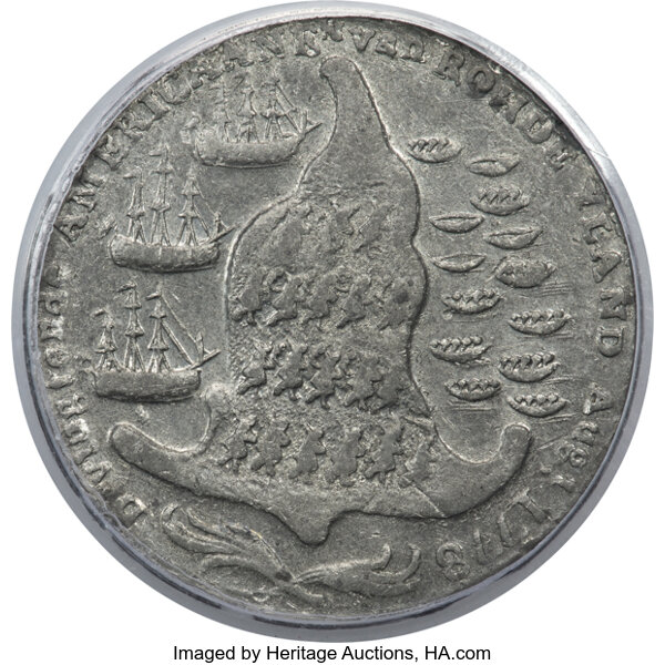 image for: 1779 Token Rhode Island Ship Token, Wreath Below, Pewter, AU53 PCGS. Betts-563, W-1745, High R.5....