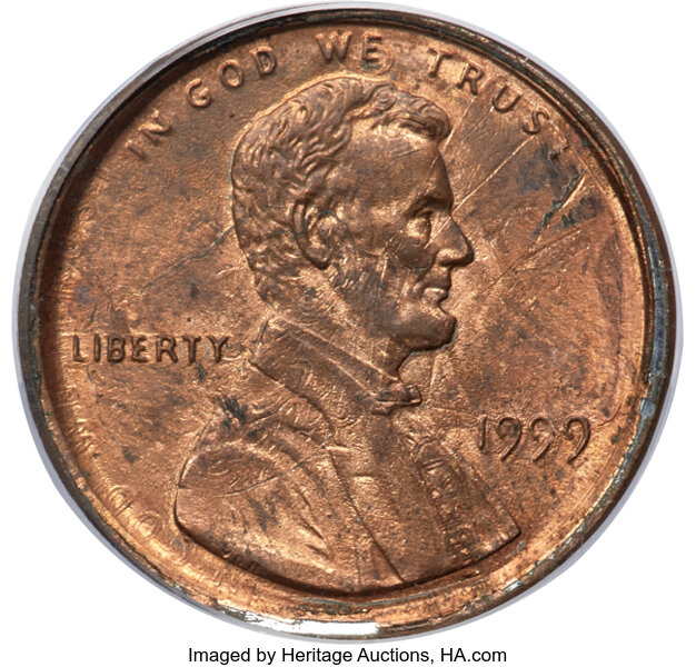 image for: 1999 1C Lincoln Cent -- Double Struck on 1996 Cent -- MS63 Red and Brown PCGS....