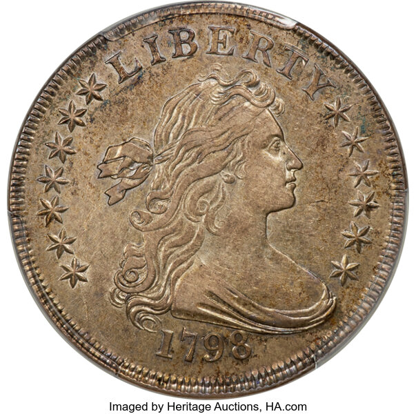 image for: 1798 $1 Large Eagle, Knob 9, 5 Vertical Lines, 10 Arrows, B-6, BB-96, R.3, AU55 PCGS....