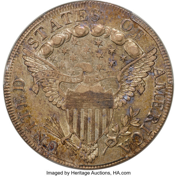 image for: 1798 $1 Large Eagle, Knob 9, 5 Vertical Lines, 10 Arrows, B-6, BB-96, R.3, AU55 PCGS....