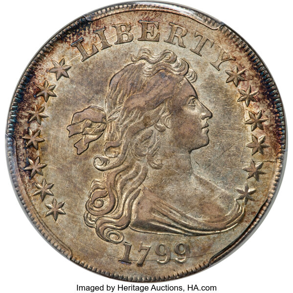 image for: 1799 $1 Irregular Date, 15 Stars Reverse, B-4, BB-153, R.4, AU53 PCGS....
