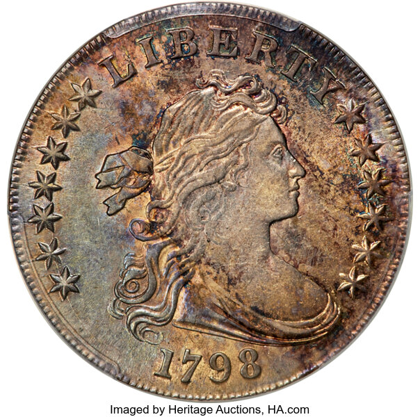 image for: 1798 $1 Large Eagle, Pointed 9, 10 Arrows, 4 Lines, B-13, BB-108, R.2, AU55 PCGS....