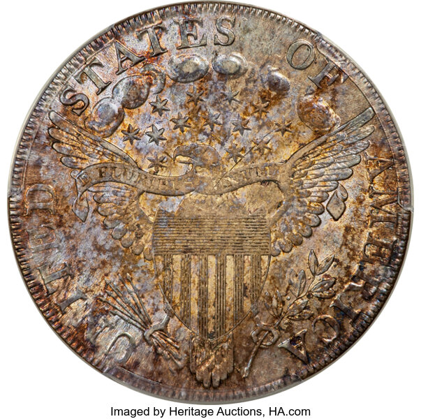 image for: 1798 $1 Large Eagle, Pointed 9, 10 Arrows, 4 Lines, B-13, BB-108, R.2, AU55 PCGS....