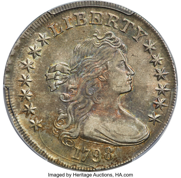 image for: 1798 $1 Large Eagle, Pointed 9, Close Date, 4 Lines, B-28, BB-118, R.3, AU53 PCGS....