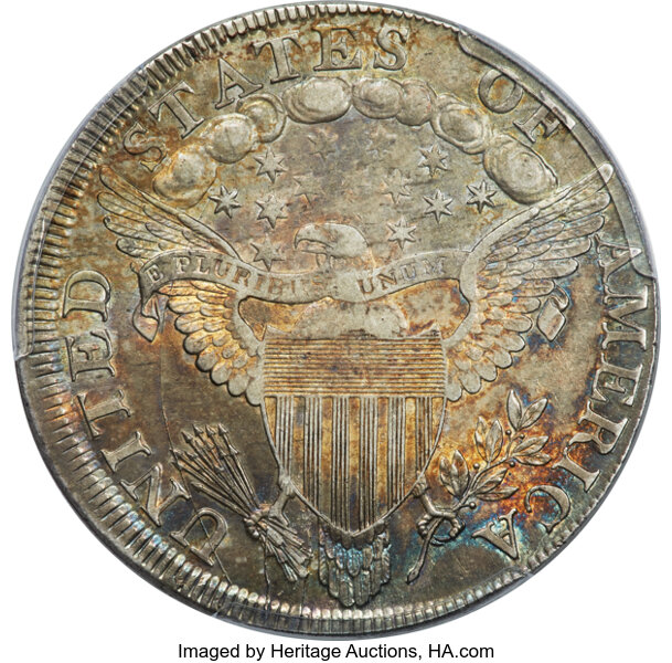 image for: 1798 $1 Large Eagle, Pointed 9, Close Date, 4 Lines, B-28, BB-118, R.3, AU53 PCGS....