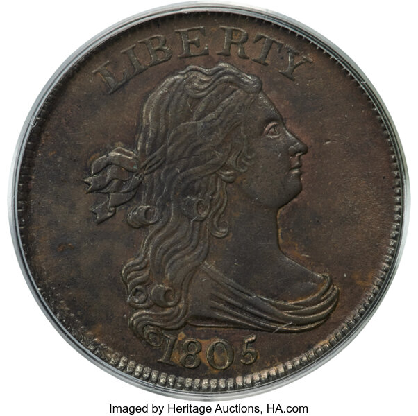 image for: 1805 1/2 C No Stems, Small 5, C-1, B-1, R.1, MS62 Brown PCGS....