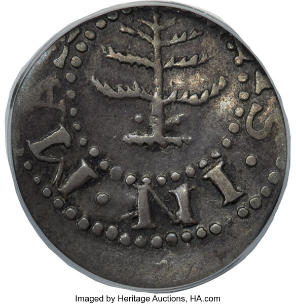 image for: 1652 Pine Tree Sixpence, Pellets at Trunk, Noe-33, W-670, Salmon 2-B, R.3, XF40 PCGS....