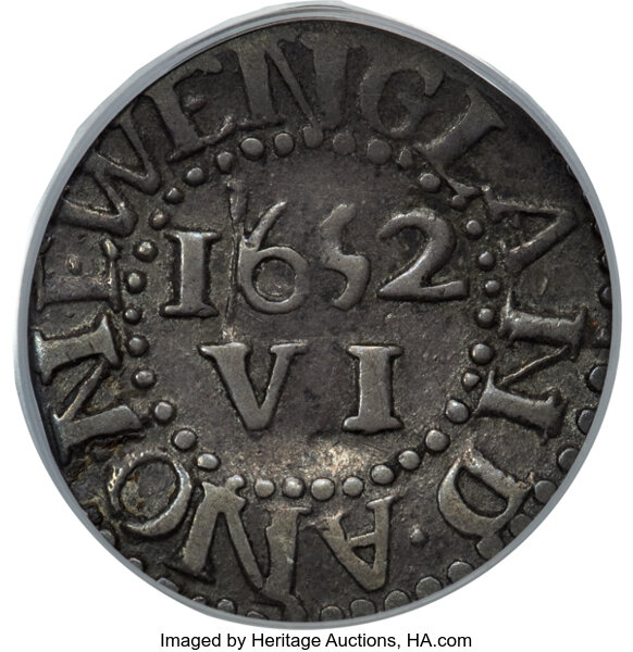 image for: 1652 Pine Tree Sixpence, Pellets at Trunk, Noe-33, W-670, Salmon 2-B, R.3, XF40 PCGS....