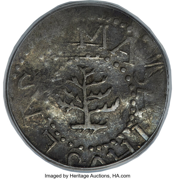 image for: 1652 Pine Tree Threepence, No Pellets at Trunk, Noe-36, W-640, Salmon 2-B, R.4, VF35 PCGS....