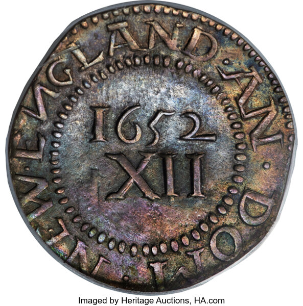 image for: 1652 Pine Tree Shilling, Large Planchet, No Pellets, Reversed N, Noe-10, W-750, Salmon 8-Diii, R.3, AU53 PCGS. CAC....