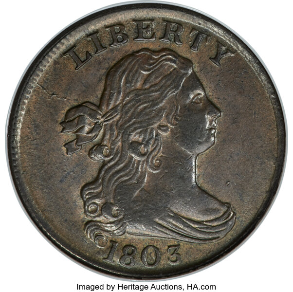 image for: 1803 1/2 C Widely Spaced 3, C-3, B-3, R.1, MS62 Brown NGC....