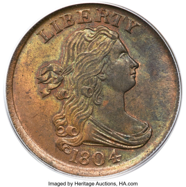 image for: 1804 1/2 C Plain 4, No Stems, C-13, B-10, R.1, MS63 Red and Brown PCGS....