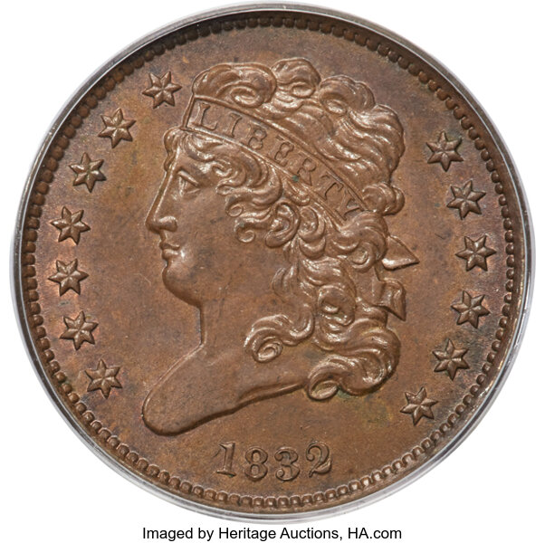 image for: 1832 1/2 C C-1, B-1, R.2, MS65 Brown PCGS. CAC....