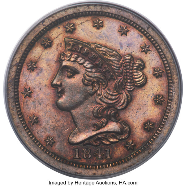image for: 1841 1/2 C Original, B-1, R.5, PR62 Red and Brown PCGS. CAC....