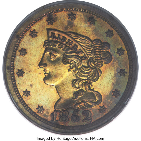 image for: 1852 1/2 C Small Berries, Reverse of 1856, First Restrike, B-2, R.4, PR64 Brown PCGS....