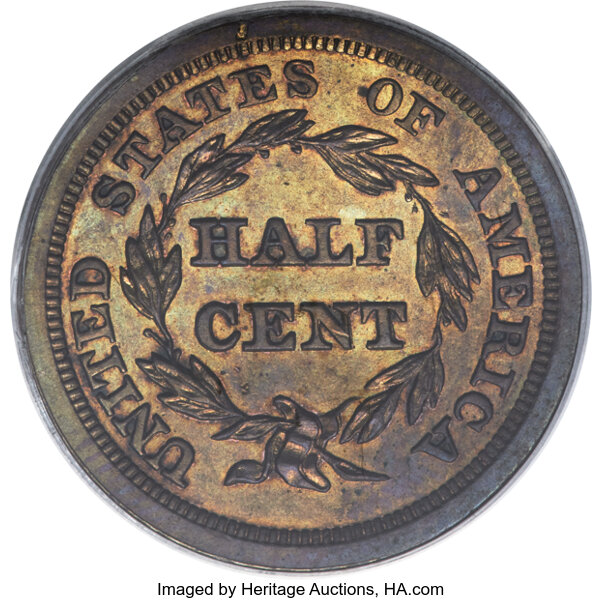 image for: 1852 1/2 C Small Berries, Reverse of 1856, First Restrike, B-2, R.4, PR64 Brown PCGS....