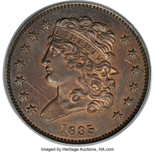 image for: 1835 1/2 C C-2, B-2, R.6 as a Proof, PR63 Red and Brown PCGS....