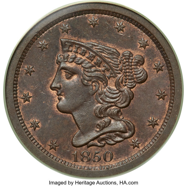 image for: 1850 1/2 C C-1, B-1, R.2, MS63 Red and Brown PCGS....
