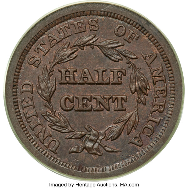 image for: 1850 1/2 C C-1, B-1, R.2, MS63 Red and Brown PCGS....