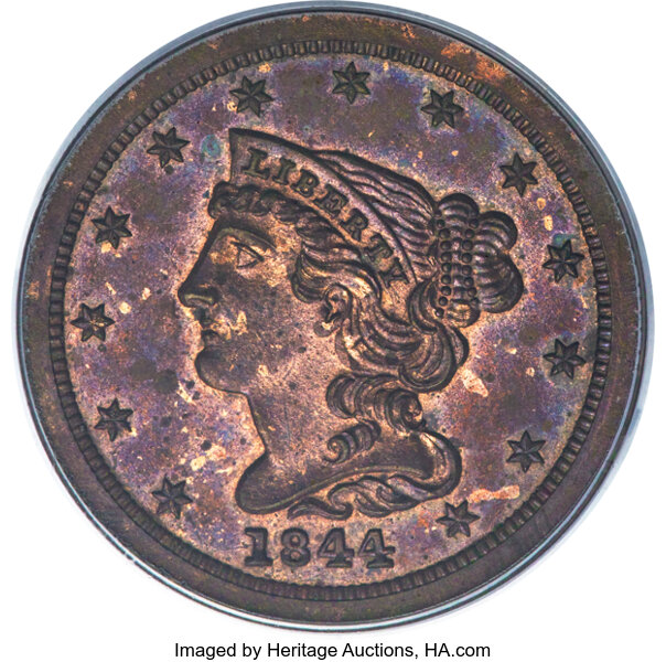 image for: 1844 1/2 C Original, B-1, R.5, PR63 Red and Brown PCGS....