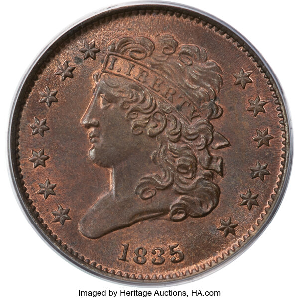image for: 1835 1/2 C C-1, B-1, R.1, MS65 Red and Brown PCGS....