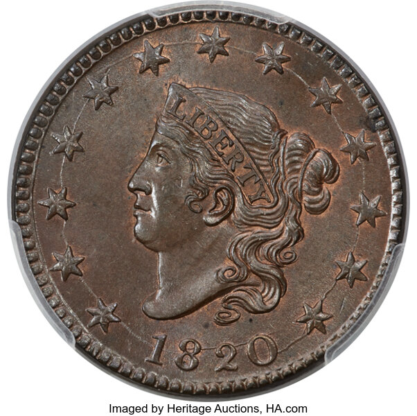 image for: 1820 1C Large Date, N-13, R.1, MS66 Brown PCGS....