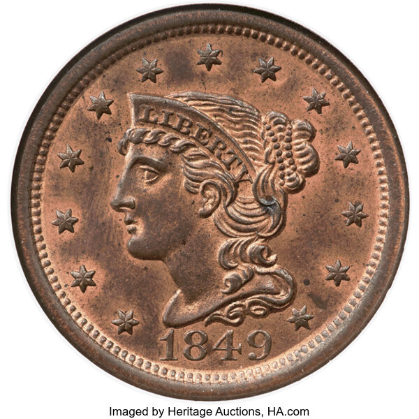 image for: 1849 1C N-6, N-22, R.1, MS65 Red and Brown NGC....