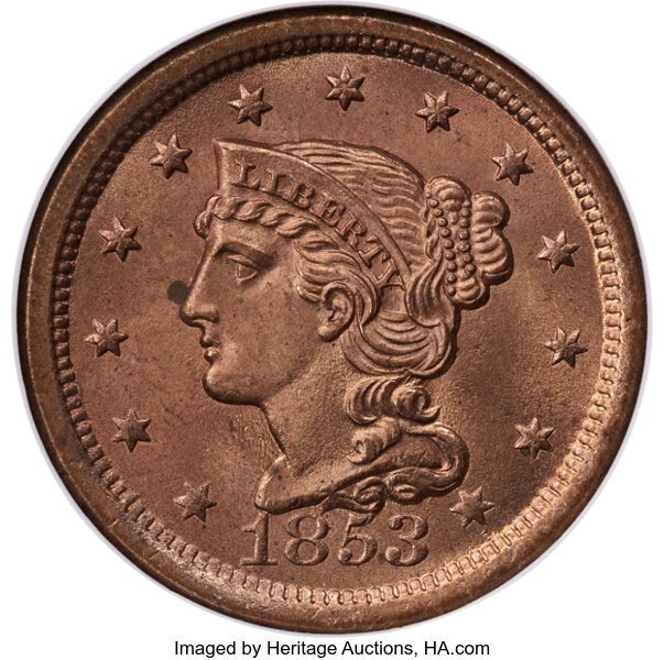 image for: 1853 1C N-25, R.1, MS65 Red NGC....