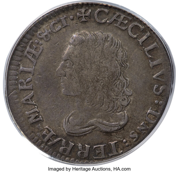 image for: (1659) Lord Baltimore Shilling, Large Bust, H. 1-A, W-1080, R.6, VF25 PCGS....