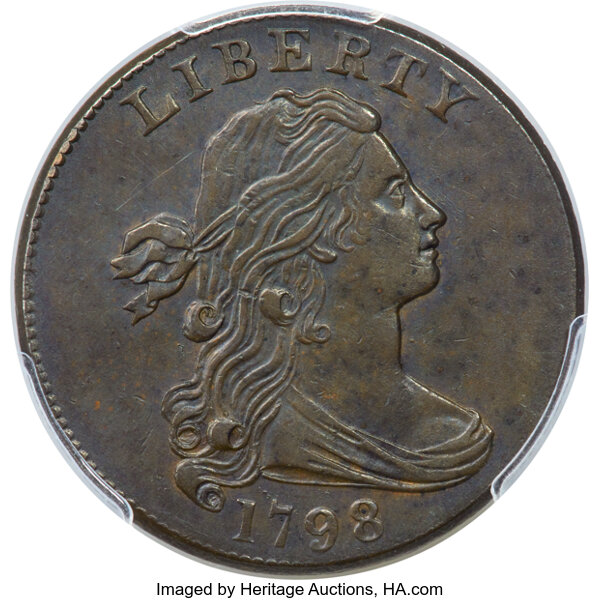 image for: 1798 1C Second Hair Style, S-184, B-45, R.1, AU58 PCGS. CAC....