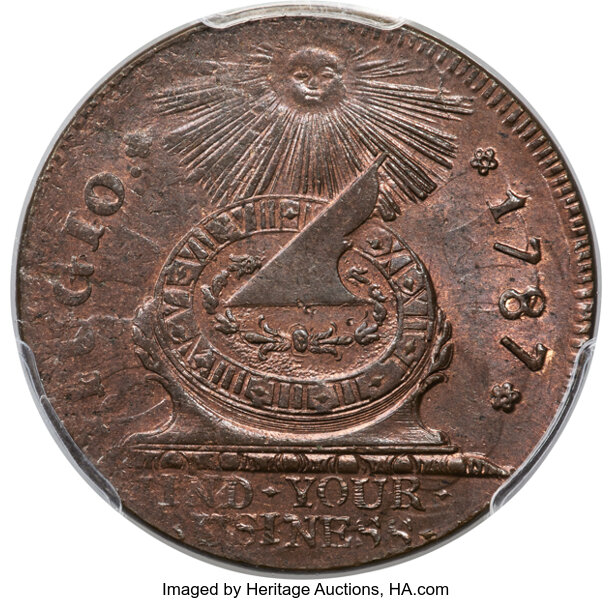 image for: 1787 Fugio Cent, STATES UNITED, 4 Cinquefoils, Pointed Rays, N. 13-X, W-6855, R.2, MS64 Red and Brown PCGS. CAC....