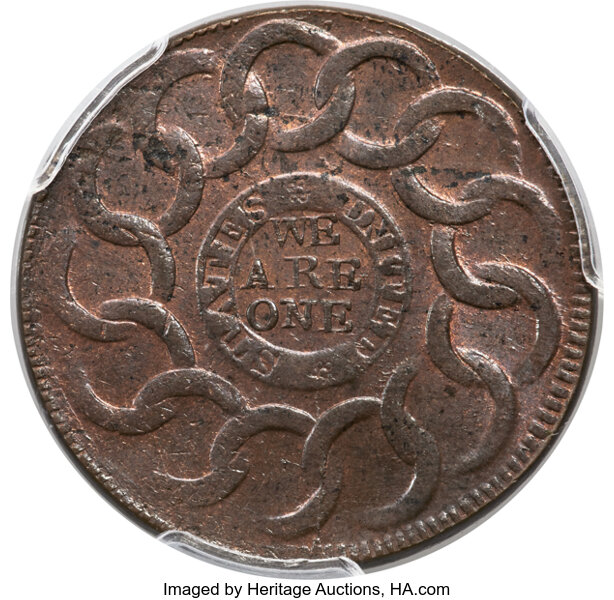 image for: 1787 Fugio Cent, STATES UNITED, 4 Cinquefoils, Pointed Rays, N. 13-X, W-6855, R.2, MS64 Red and Brown PCGS. CAC....