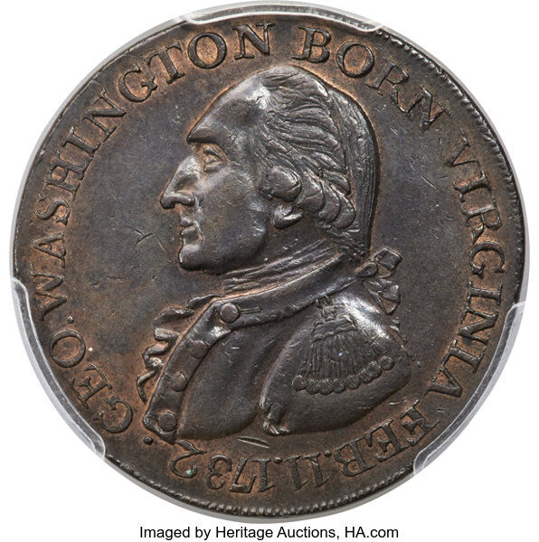 image for: (1792) Washington Born Virginia Cent, Inscribed Reverse, AU58 PCGS. Baker-60 (1885), Baker-22 (1999), W-10730, GW-33, R.5. ...