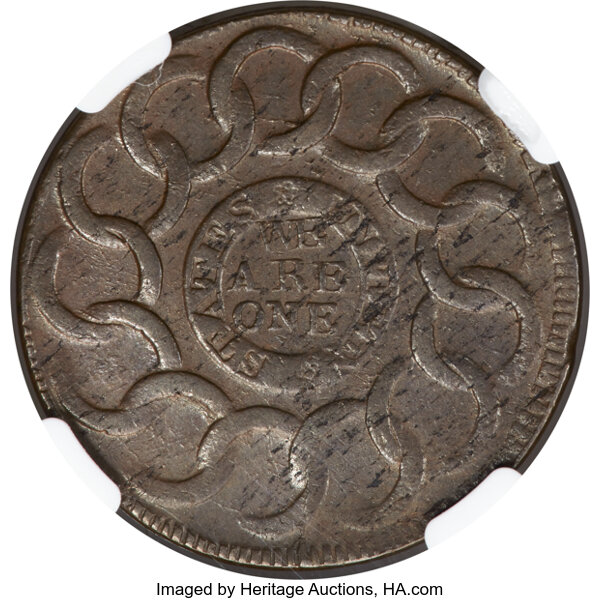 image for: 1787 Fugio Cent, STATES UNITED, 4 Cinquefoils, Pointed Rays, N. 12-X, W-6820, R.3, MS61 Brown NGC....