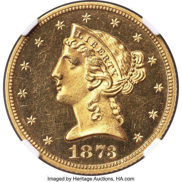 image for: 1873 $5 Closed 3, JD-1, High R.6, PR63 Cameo NGC. CAC....