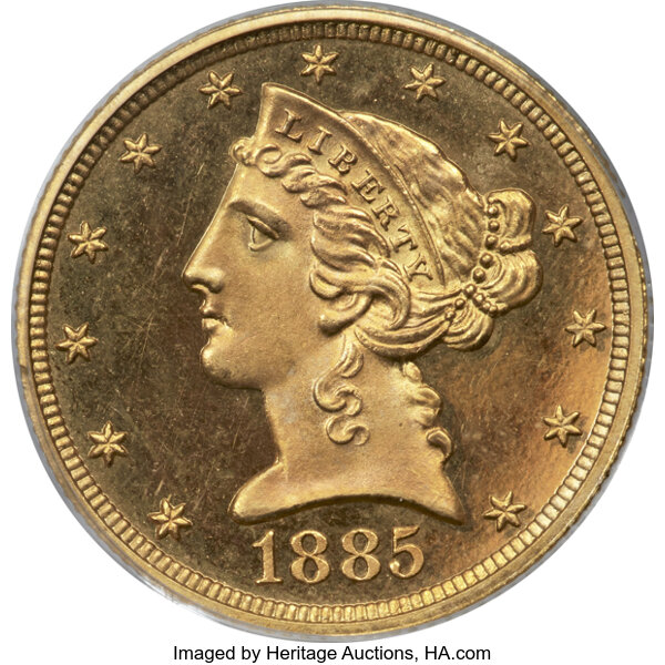 image for: 1885 $5 JD-1, Low R.6, PR65 Cameo PCGS. CAC....