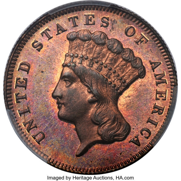 image for: 1871 $3 Three Dollar, Judd-1167, Pollock-1309, High R.7, PR64+ Red and Brown PCGS. CAC....