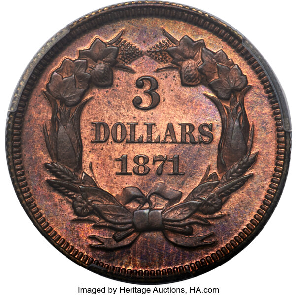 image for: 1871 $3 Three Dollar, Judd-1167, Pollock-1309, High R.7, PR64+ Red and Brown PCGS. CAC....