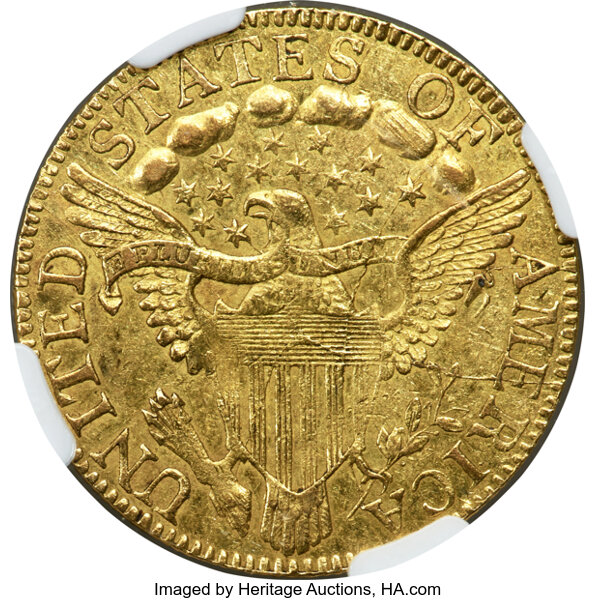 image for: 1798 $5 Large Eagle, Large 8, 14 Stars Reverse, BD-3, R.5, AU55 NGC....