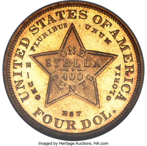 image for: 1880 $4 Flowing Hair Stella, Judd-1657, Pollock-1857, JD-1, High R.6, PR66 Cameo NGC....